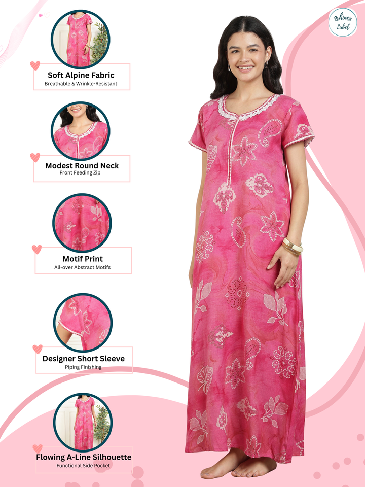 Bahaar Fuchsia Alpine Nightdress for Women with Pocket