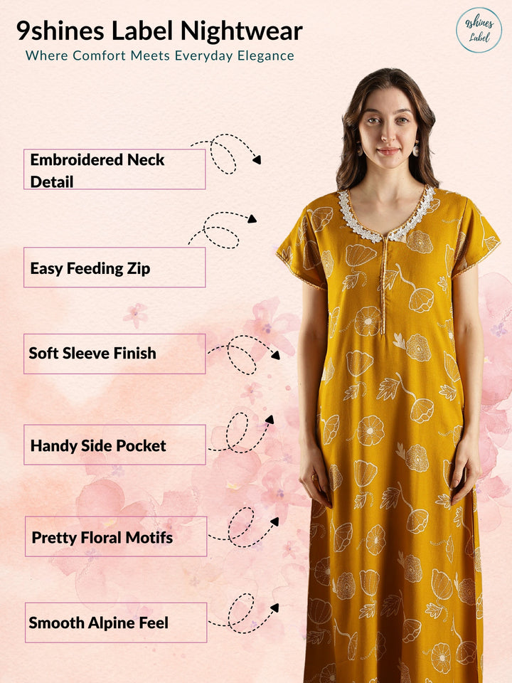 Alpine Floral A Line Nighty in Daisy Mustard with Zip