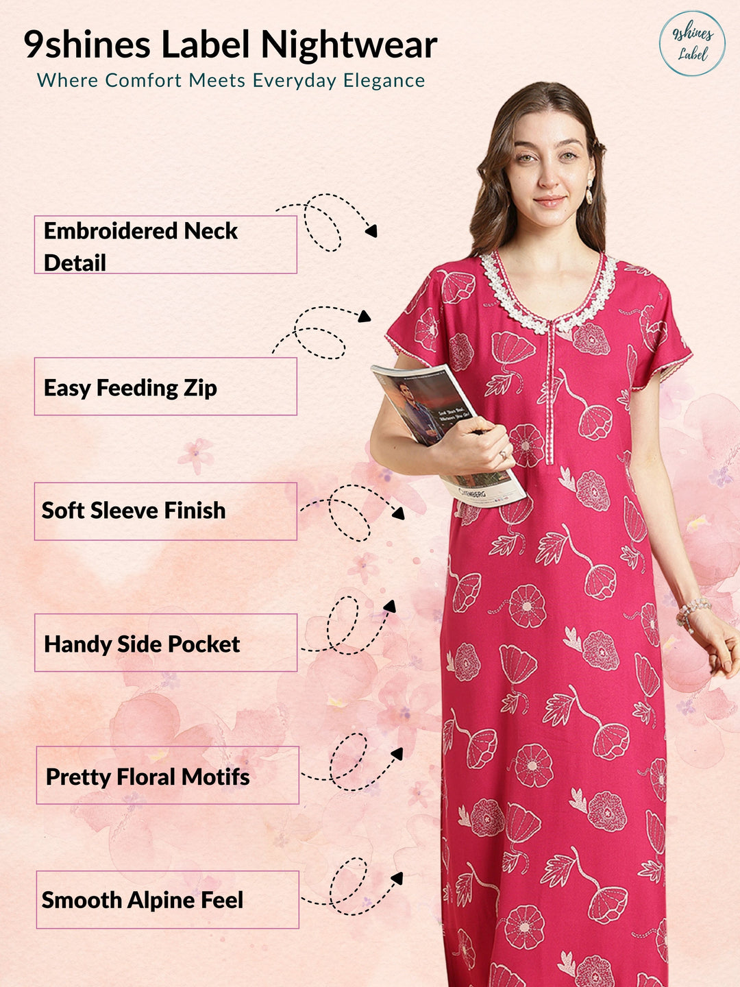 Alpine Floral A Line Nighty For Women in Daisy Pink with Zip