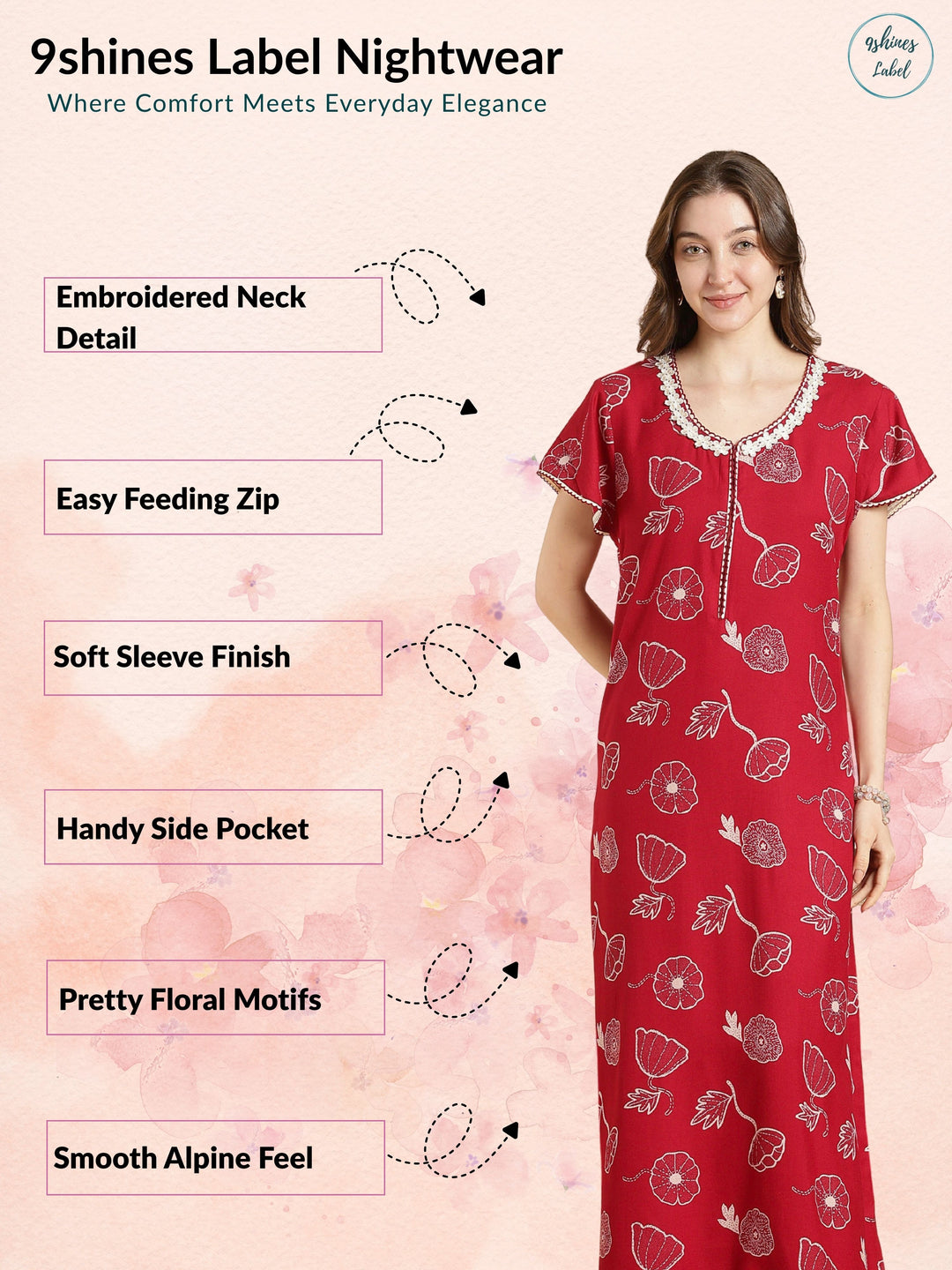 Alpine Floral A Line Nighty in Daisy Red with Front Zip