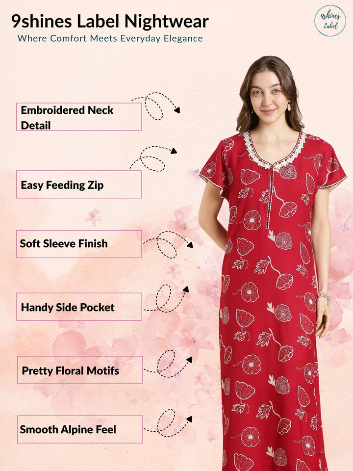 Alpine Floral A Line Nighty in Daisy Red with Front Zip