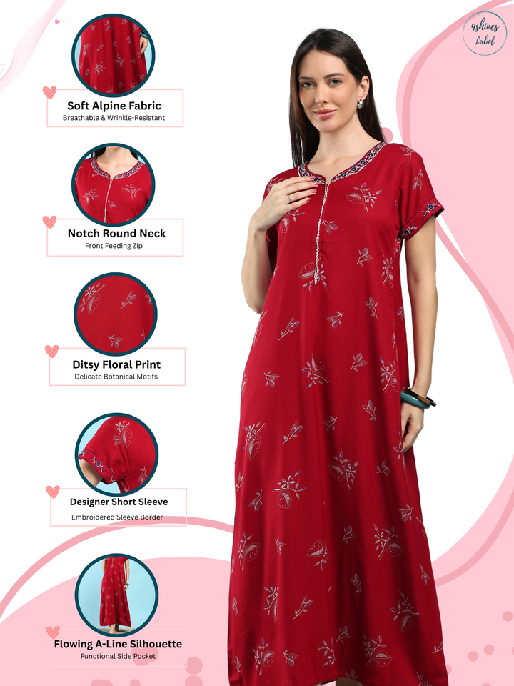 Posy Maroon Botanical Floral Print Alpine Designer Nighty