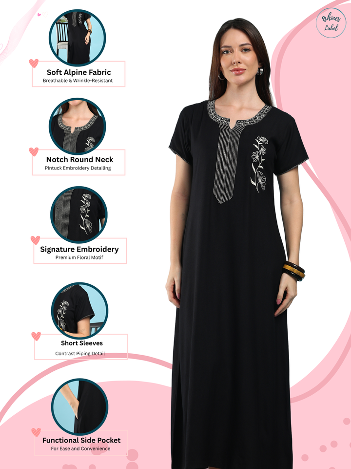 Charm Black Alpine Designer Nighty for Women with Pintuck Embroidery
