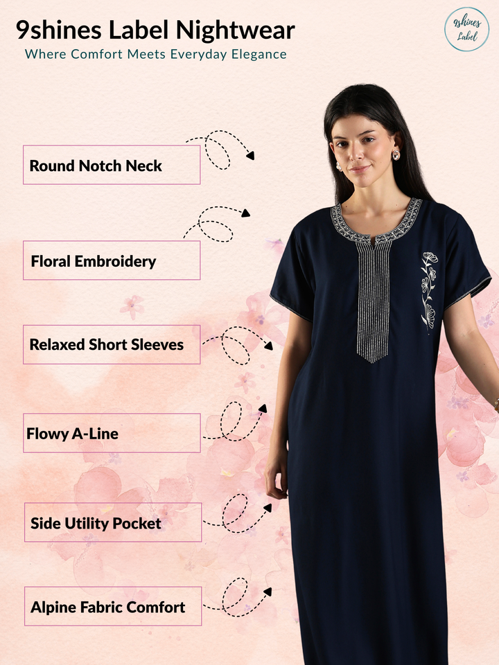 Sadabahar Navy Embroidered Cotton Blend Nighty for Women Elegant A Line