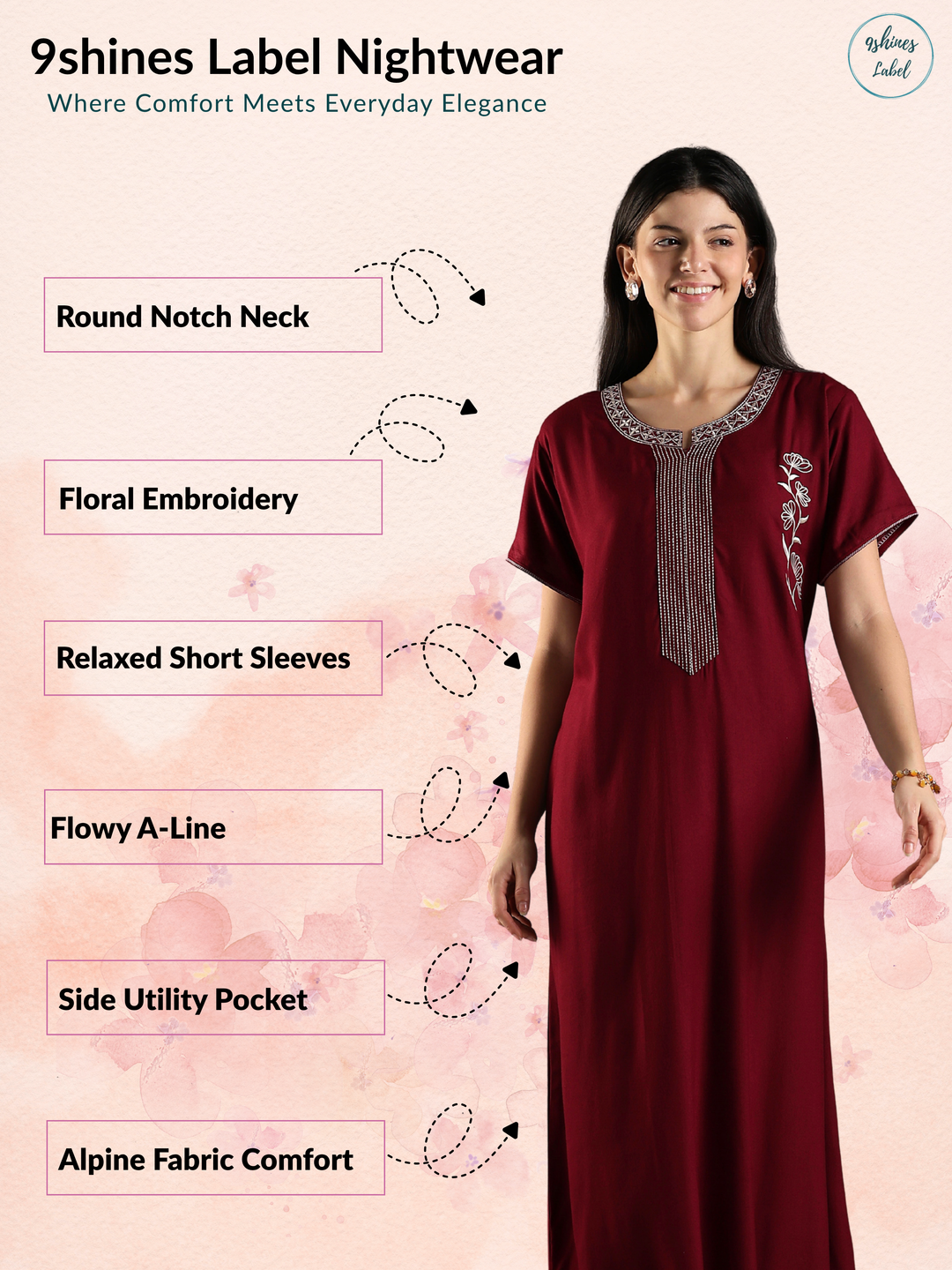 Stylish Alpine Sadabahar Ruby Red Embroidered A Line Nighty for Women
