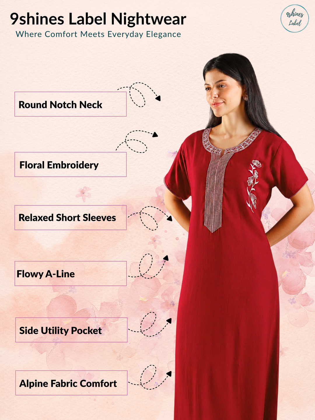 Stylish Alpine Sadabahar Ruby Red Embroidered A Line Nighty for Women