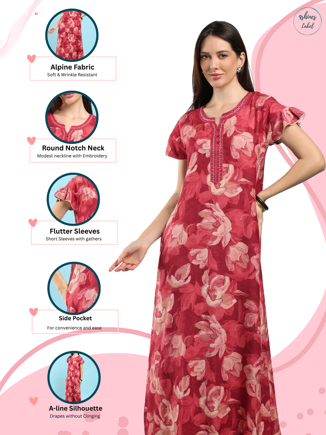 Petal Berry Floral Print Designer Nighty for Women Comfortable