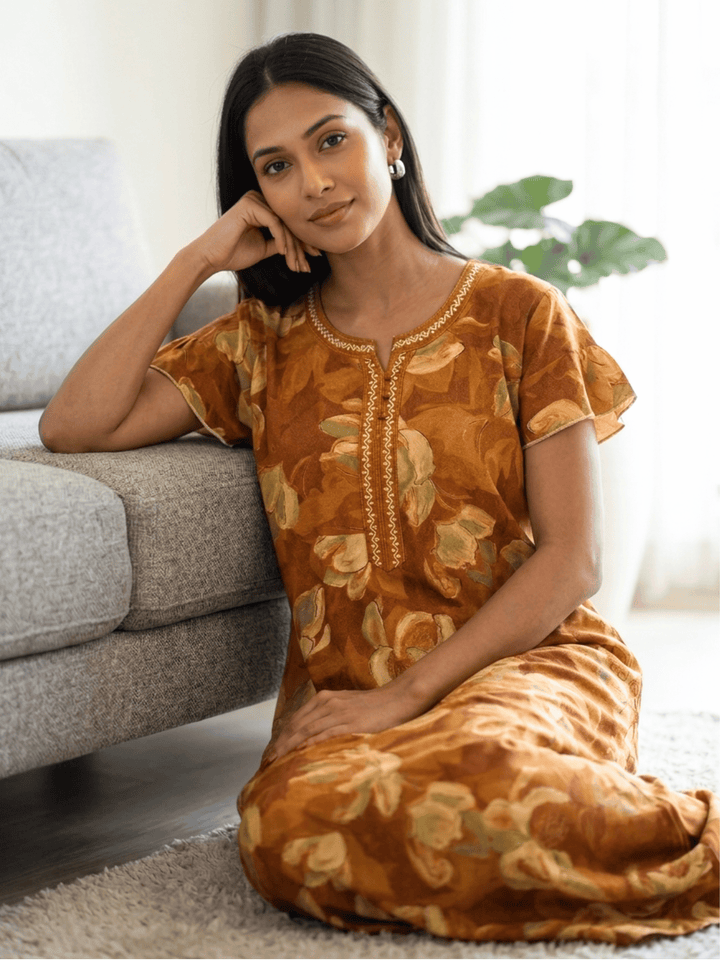 Petal Mustard Floral Print Designer Nighty for Women Relaxed Fit