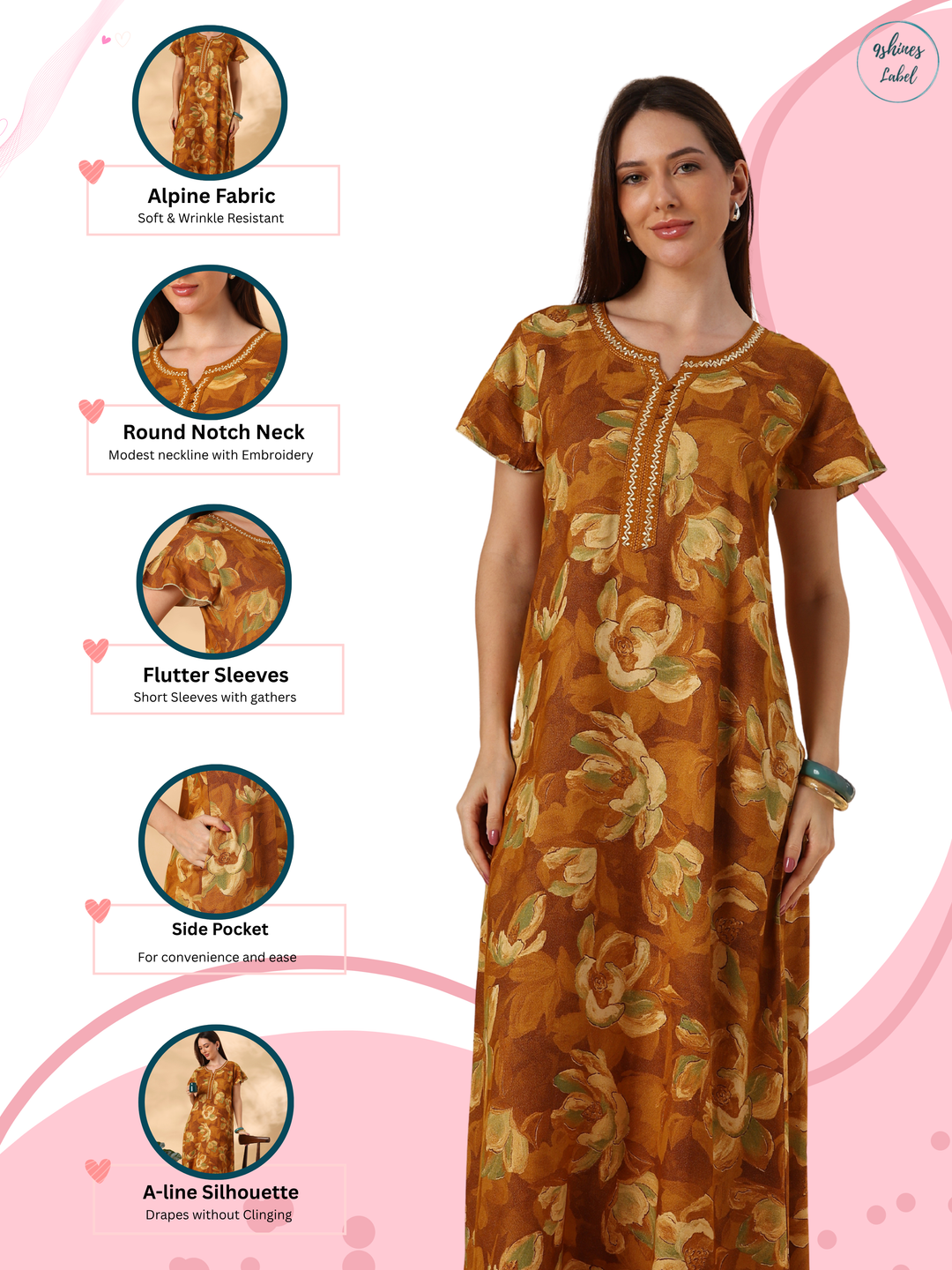 Petal Mustard Floral Print Designer Nighty for Women Relaxed Fit