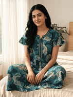Petal Teal Floral Print Designer Nighty for Women Soft Fit