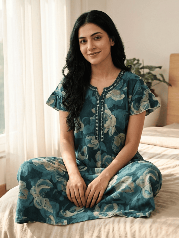 Petal Teal Floral Print Designer Nighty for Women Soft Fit