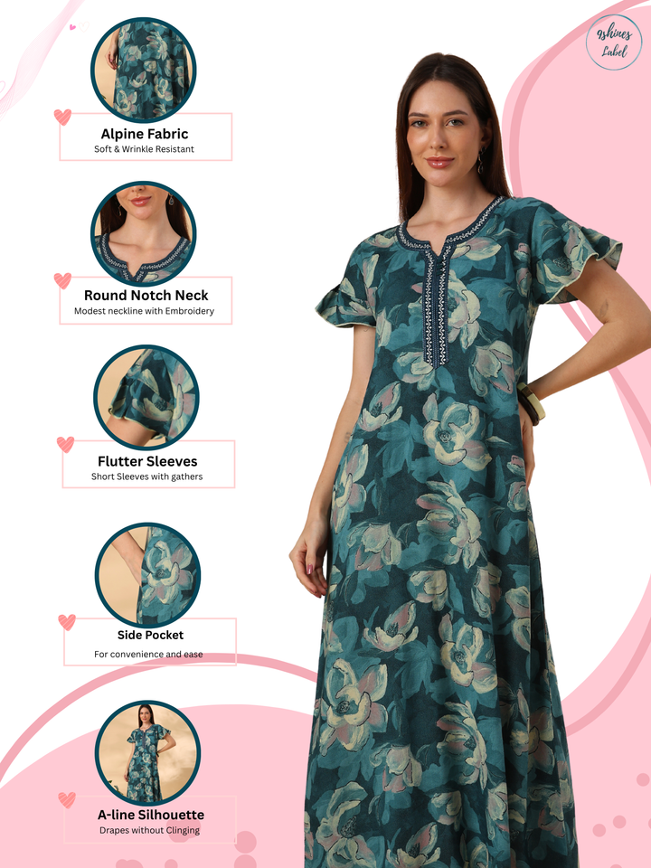 Petal Teal Floral Print Designer Nighty for Women Soft Fit