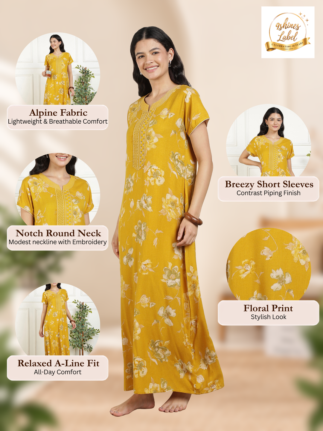 Classic Mustard Floral Alpine Nightdress for Women with Pocket