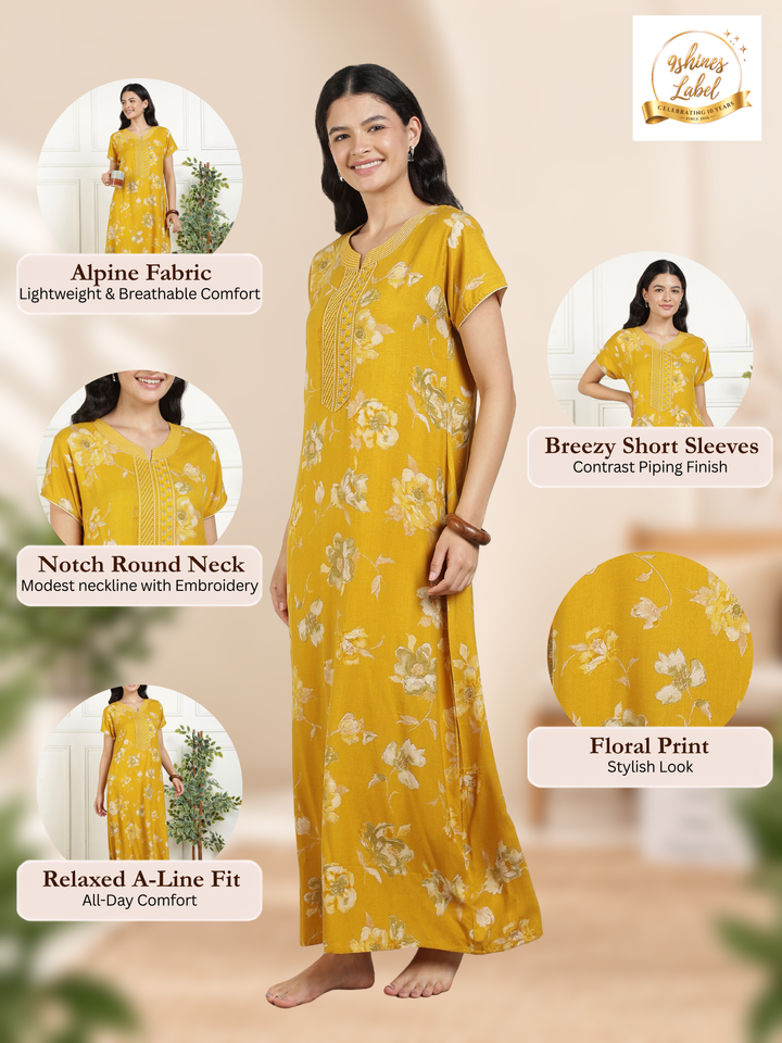 Classic Mustard Floral Alpine Nightdress for Women with Pocket