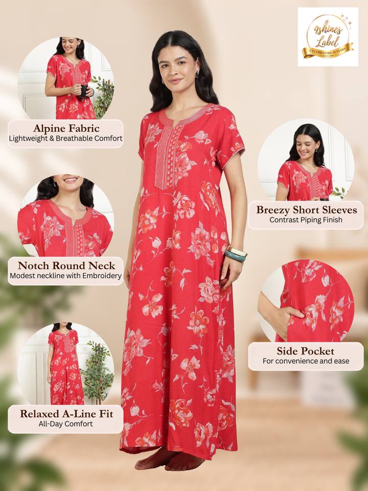 Classic Red Floral Print Alpine Nighty for Women with Embroidery