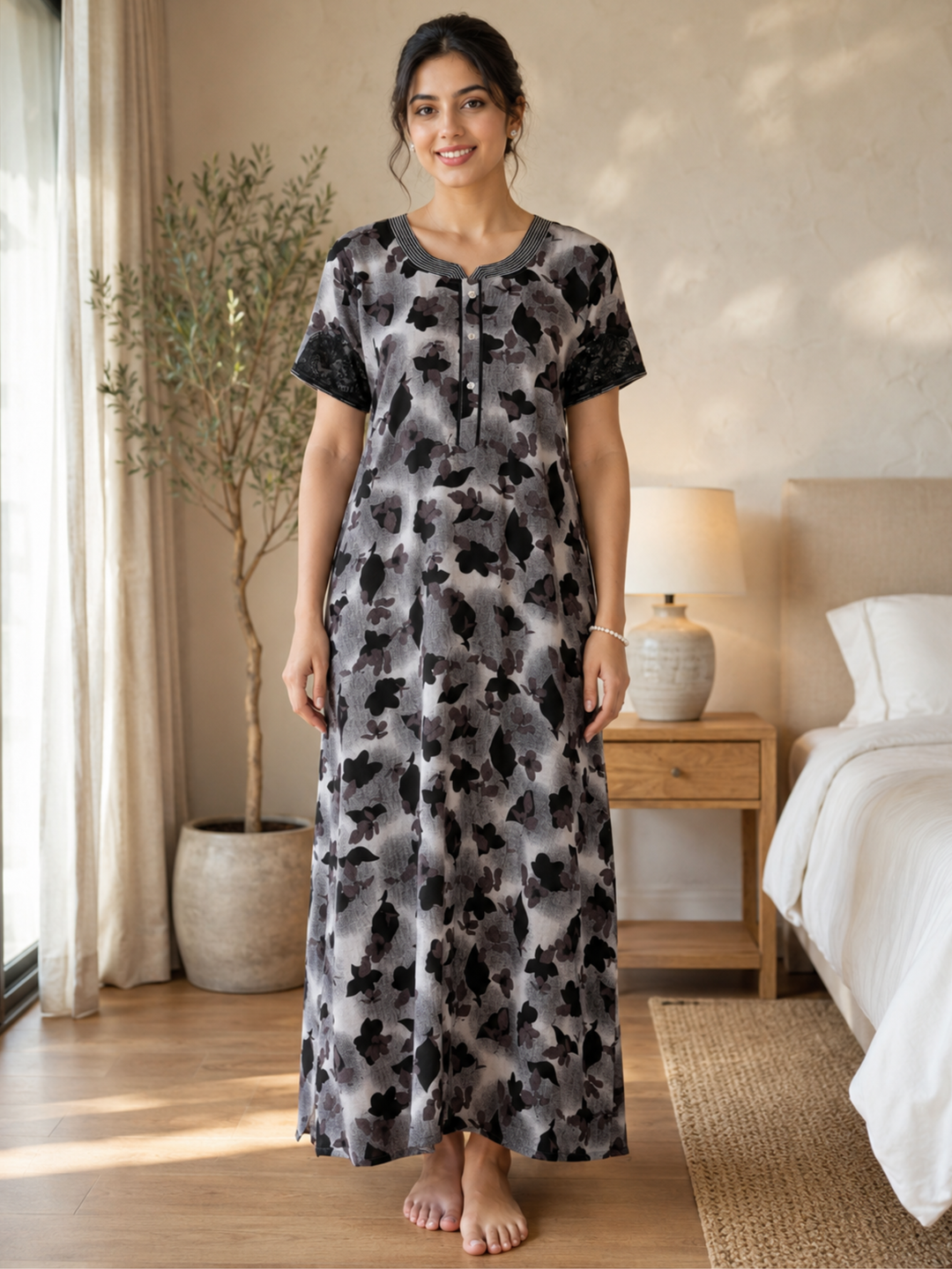 Black Floral Alpine Designer Nighty for Women Relaxed A Line Fit