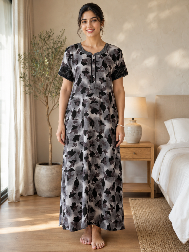 Black Floral Alpine Designer Nighty for Women Relaxed A Line Fit