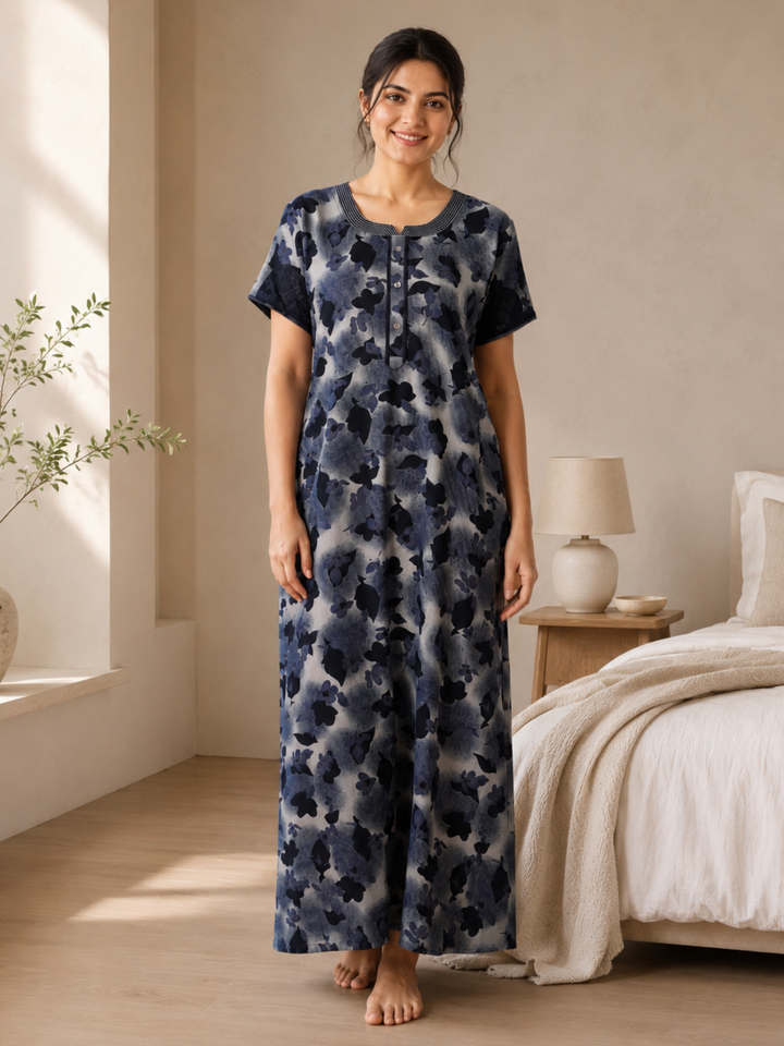Denim Blue Floral Alpine Designer Nighty for Women Relaxed Fit