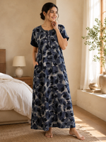 Denim Blue Floral Alpine Designer Nighty for Women Relaxed Fit