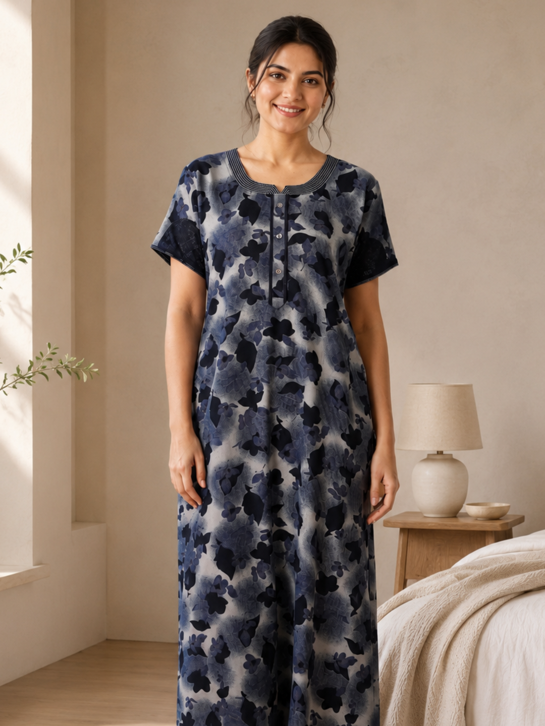 Denim Blue Floral Alpine Designer Nighty for Women Relaxed Fit