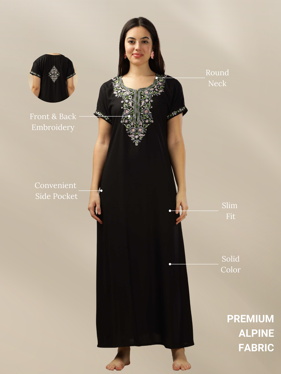Raatrani Luxurious Black Alpine Nighty with Fancy Embroidery