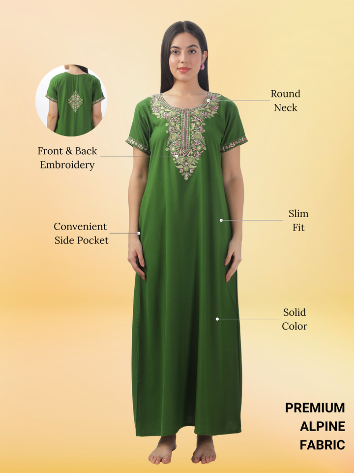 Raatrani Green Alpine Designer Nighty with Elegant Embroidery - All-Season Wear