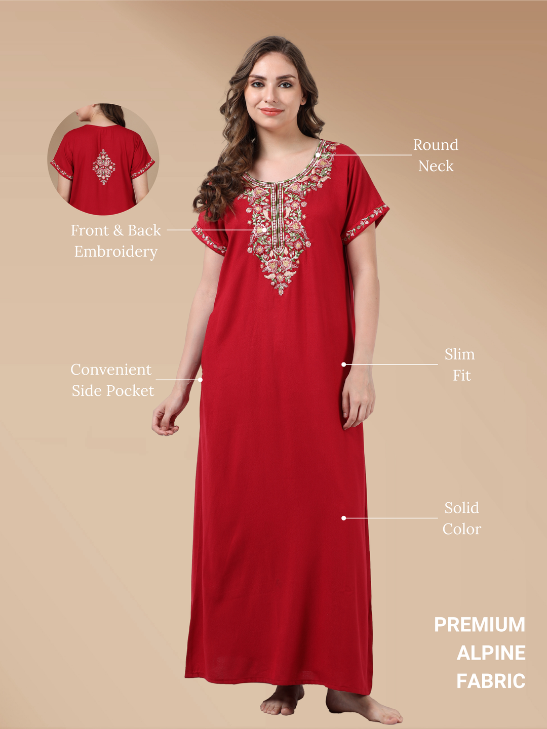 Raatrani Maroon Alpine Nighty - A-Line Maxi with Exquisite Embroidery Details