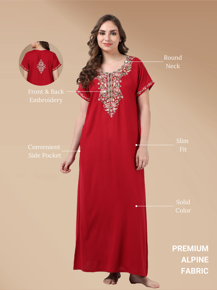 Raatrani Maroon Alpine Nighty - A-Line Maxi with Exquisite Embroidery Details