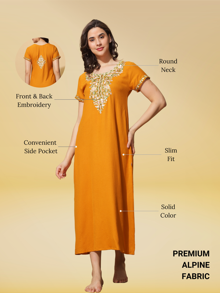 Raatrani Mustard Yellow Alpine Nighty - Luxurious Embroidery & All-Season Comfort