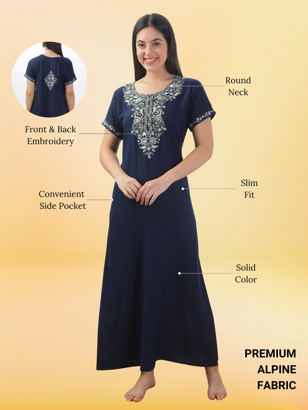 Raatrani Navy Blue Alpine Nighty with Fancy Embroidery