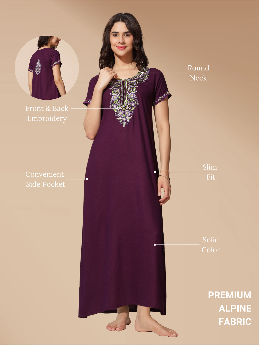 Raatrani Purple Alpine Nighty - Stunning Embroidered Design for All Seasons
