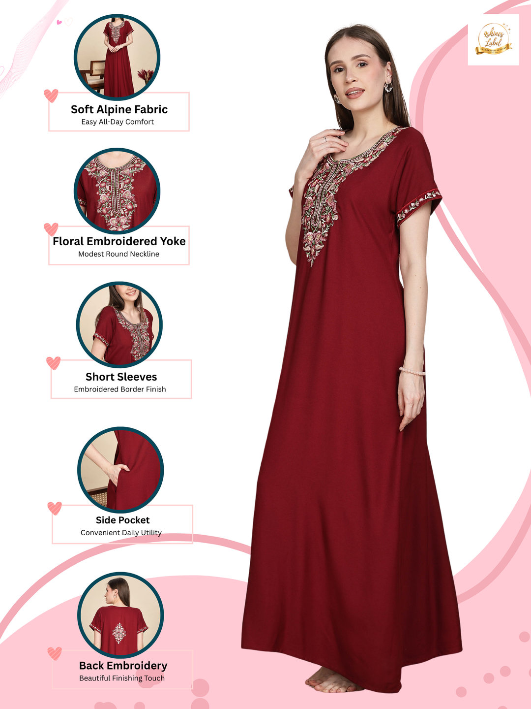 Ruby Red Alpine Designer Nighty with Embroidered Neck for Women