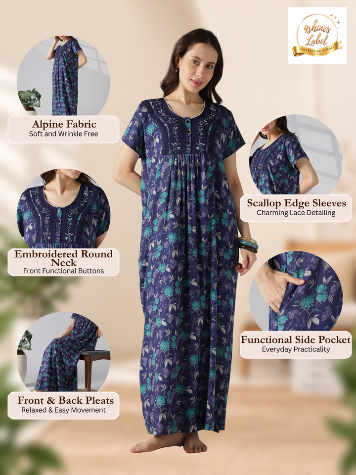 Floral Pleated Alpine Nighty for Women with Pocket and Buttons