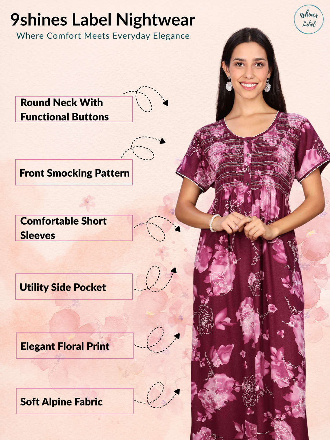 Purple Rose Smocking Nighty with Stylish Floral Pleats