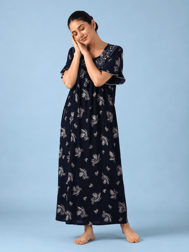 Floret Navy Floral Pleated Designer Nighty for Women