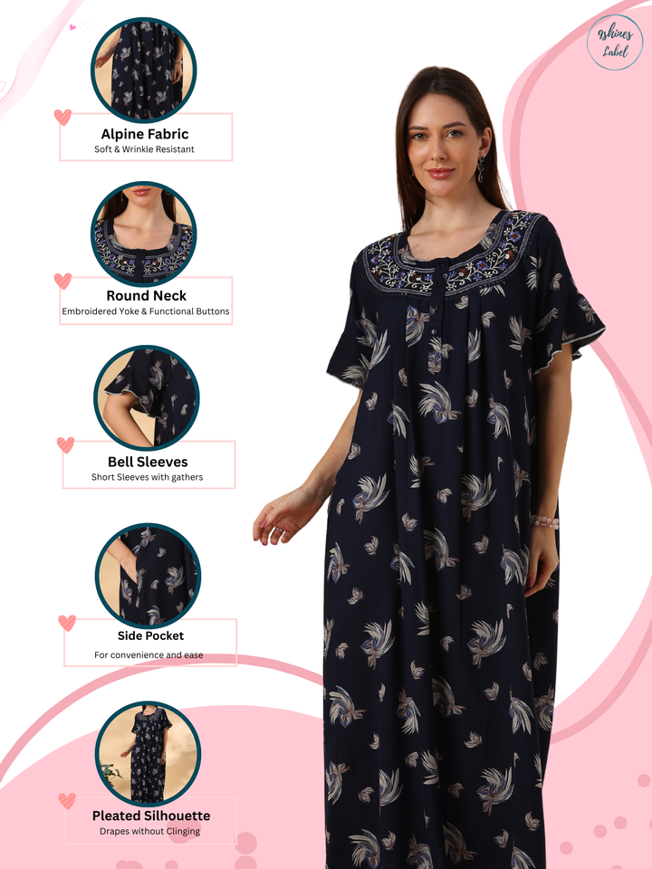 Floret Navy Floral Pleated Designer Nighty for Women