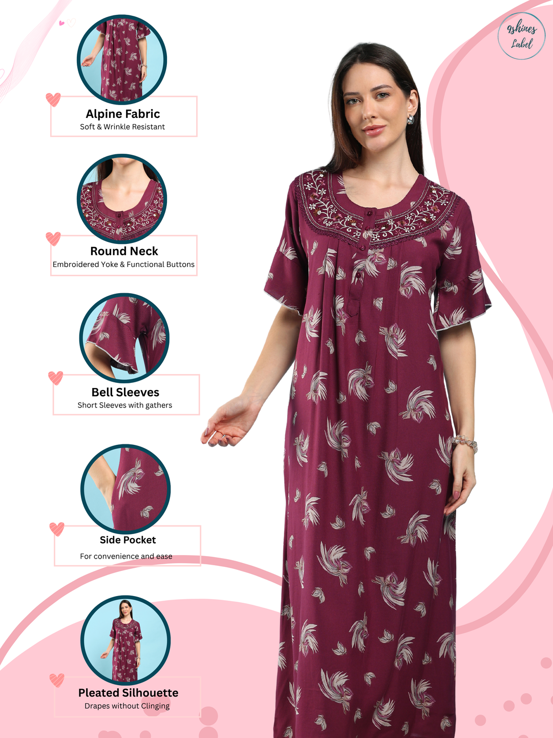 Floret Purple Floral Pleated Designer Nighty for Women