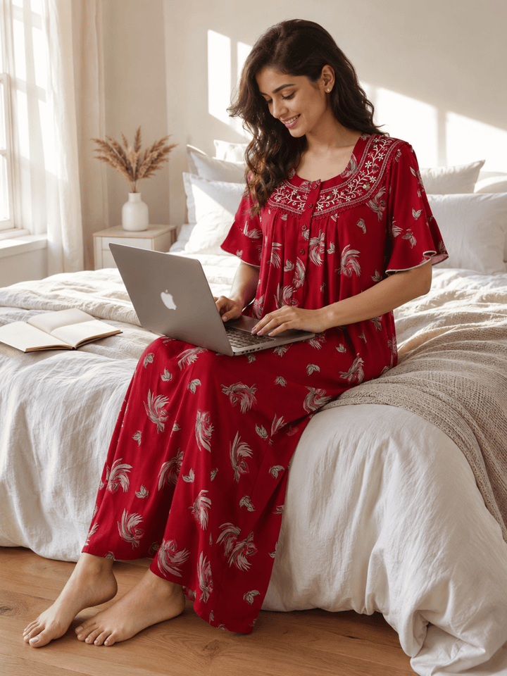 Floret Ruby Floral Pleated Designer Nighty for Women
