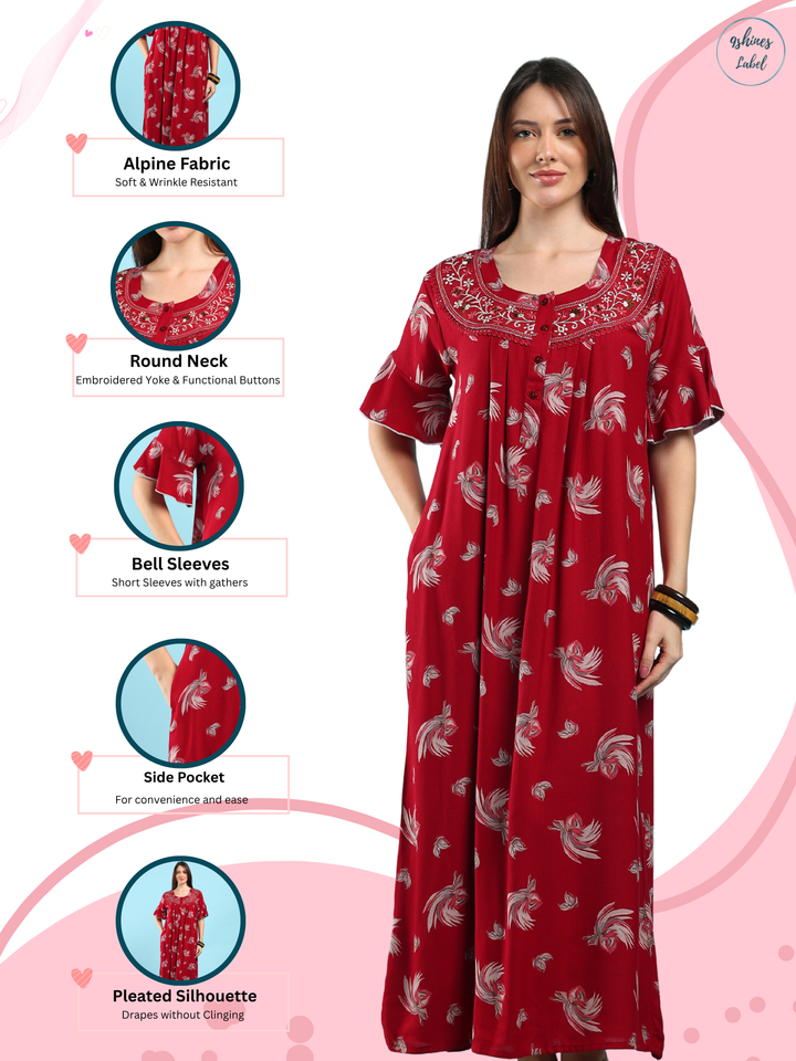 Floret Ruby Floral Pleated Designer Nighty for Women