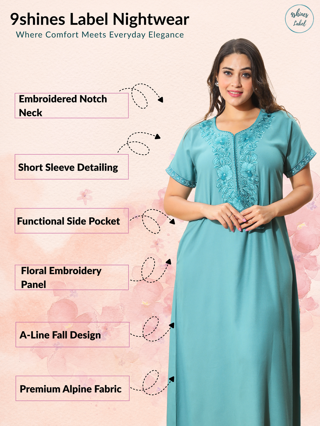 Sadabahar Sea Glass Floral Embroidered Nighty for Women