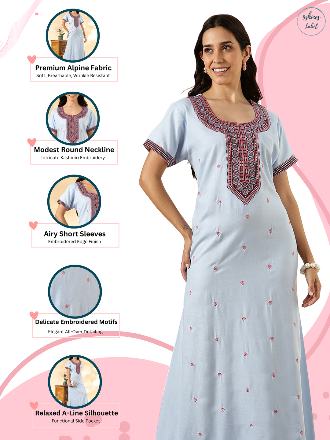 Raatrani Alpine Pastel Blue Nighty for Women – Soft, Elegant, and Embroidered Design