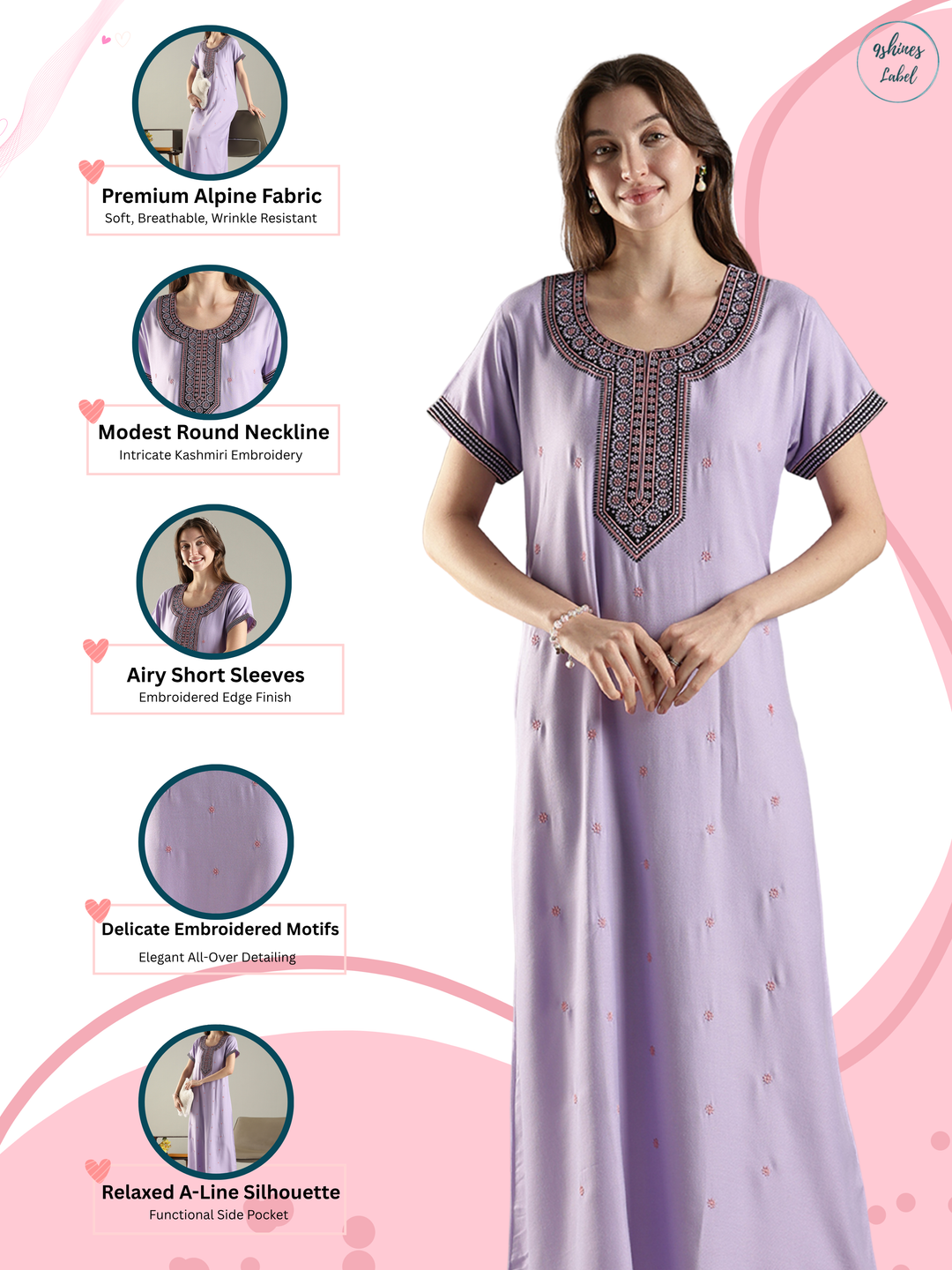 Raatrani A Line Embroidered Nighty for Women Soft Everyday Comfort