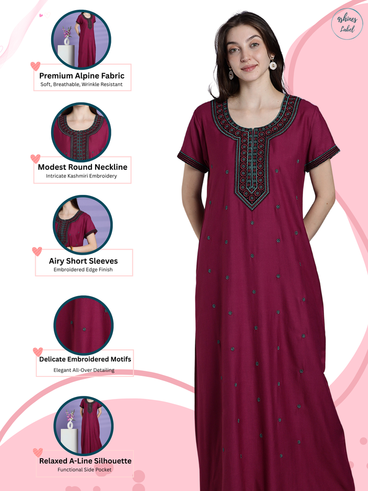 Raatrani Plum Pink Alpine Designer Nighty for Women with Embroidery