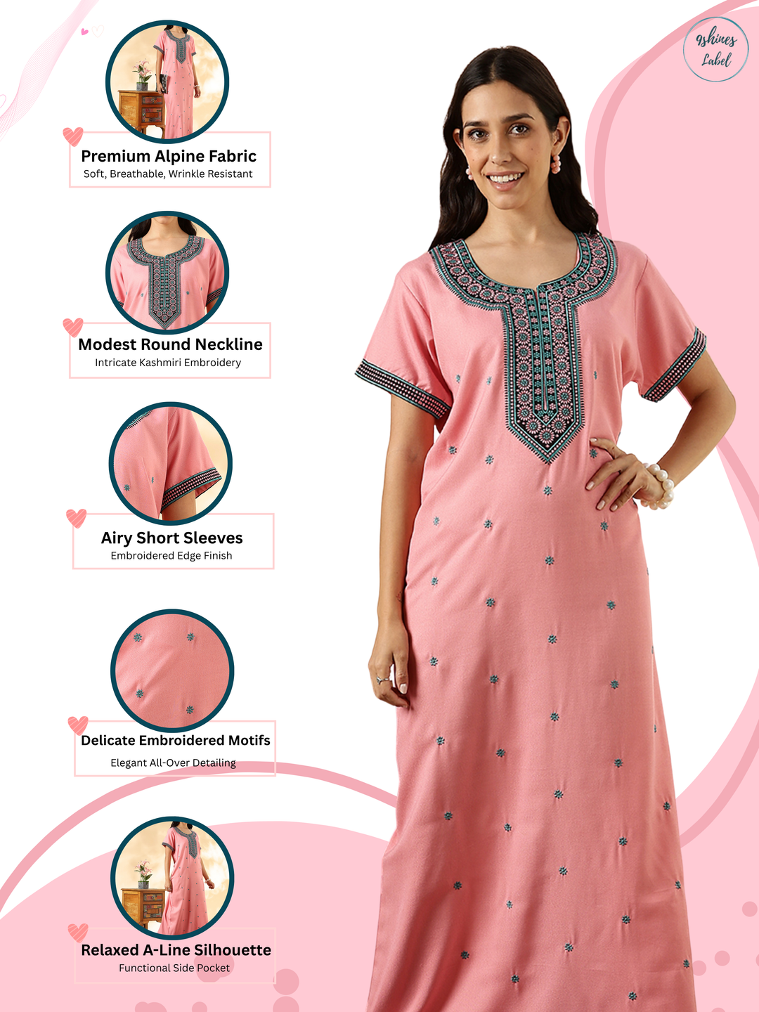 Raatrani Designer Nighty for Women Pastel Rose Soft Touch
