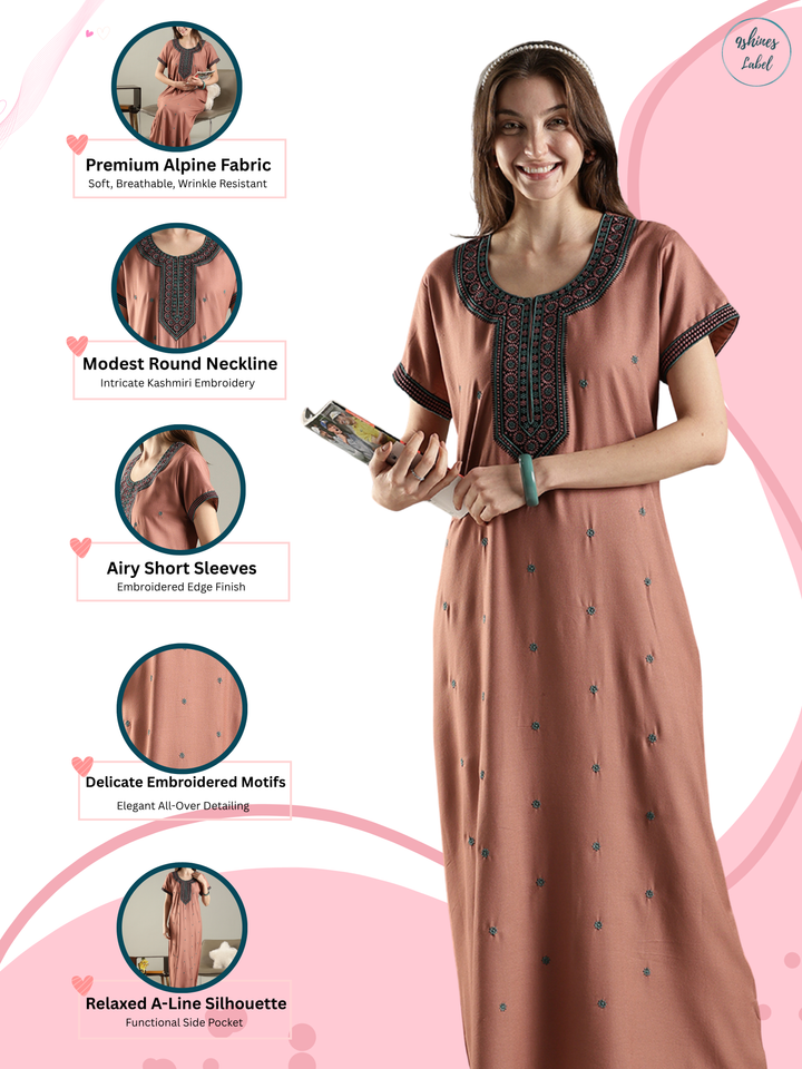 Raatrani Ethnic Embroidered Nighty for Women Relaxed A Line Fit