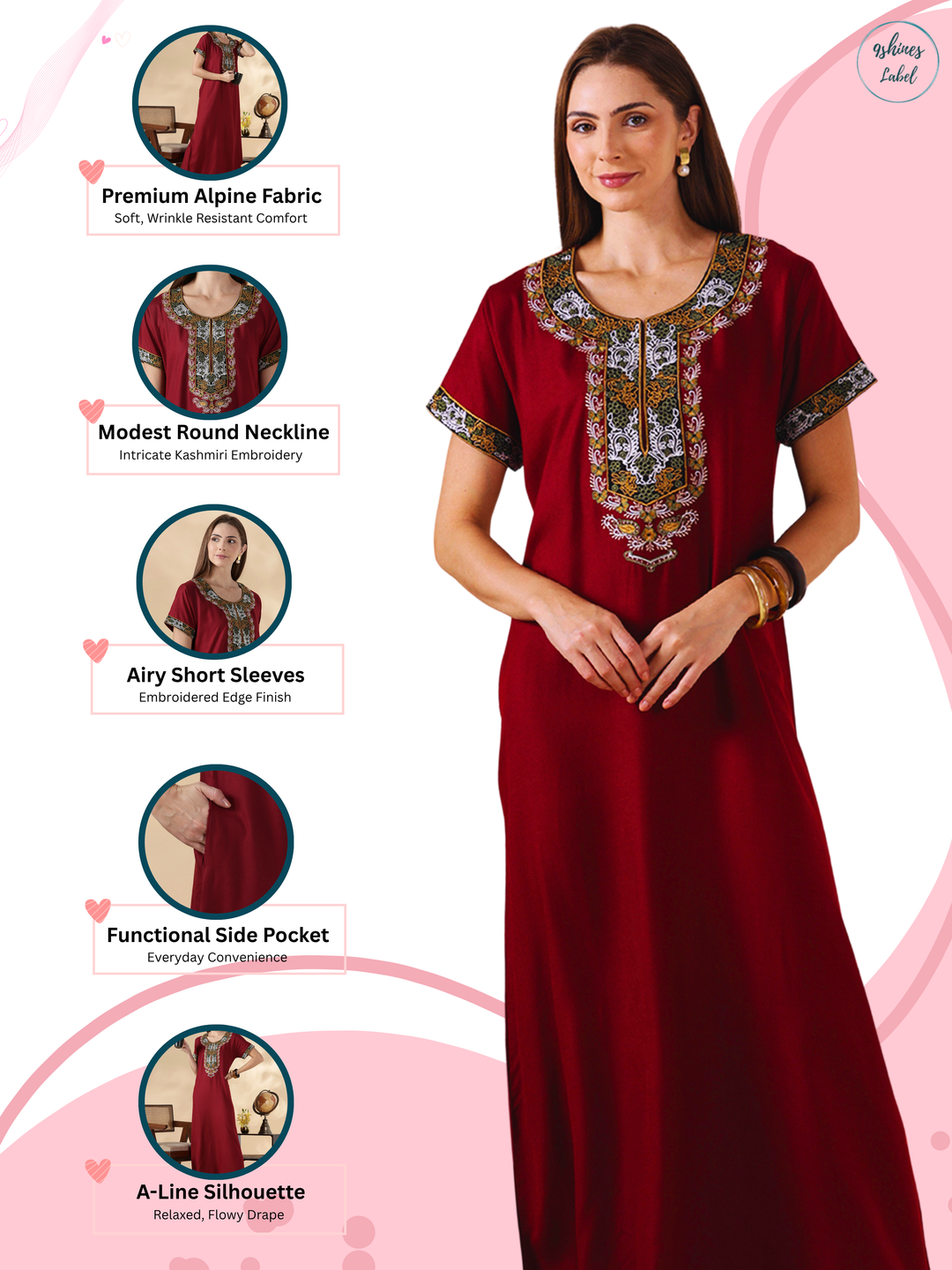 Raatrani Heritage Maroon Alpine Embroidered A Line Nighty for Women