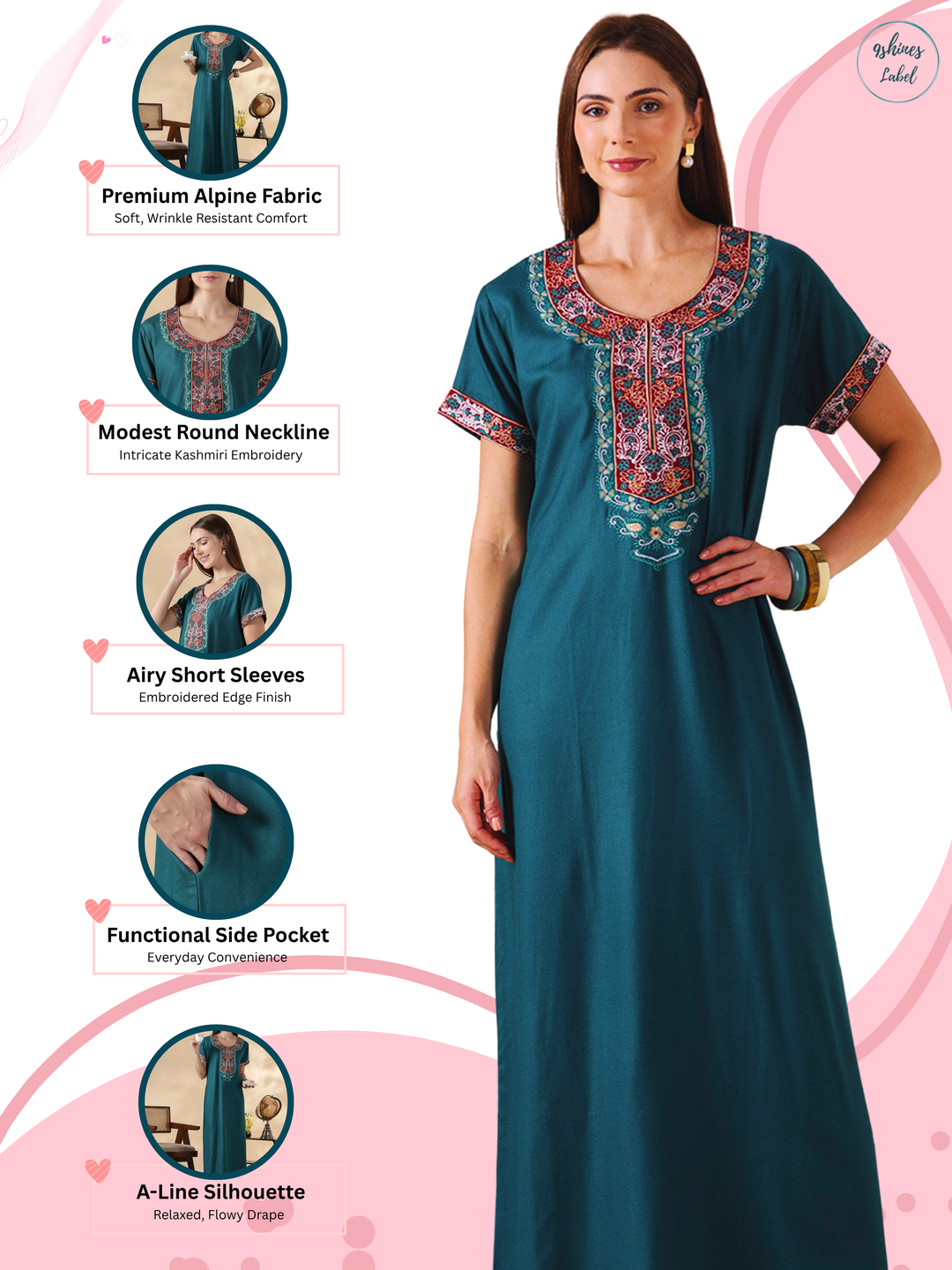 Raatrani Heritage Teal Alpine Embroidered A Line Nighty for Women