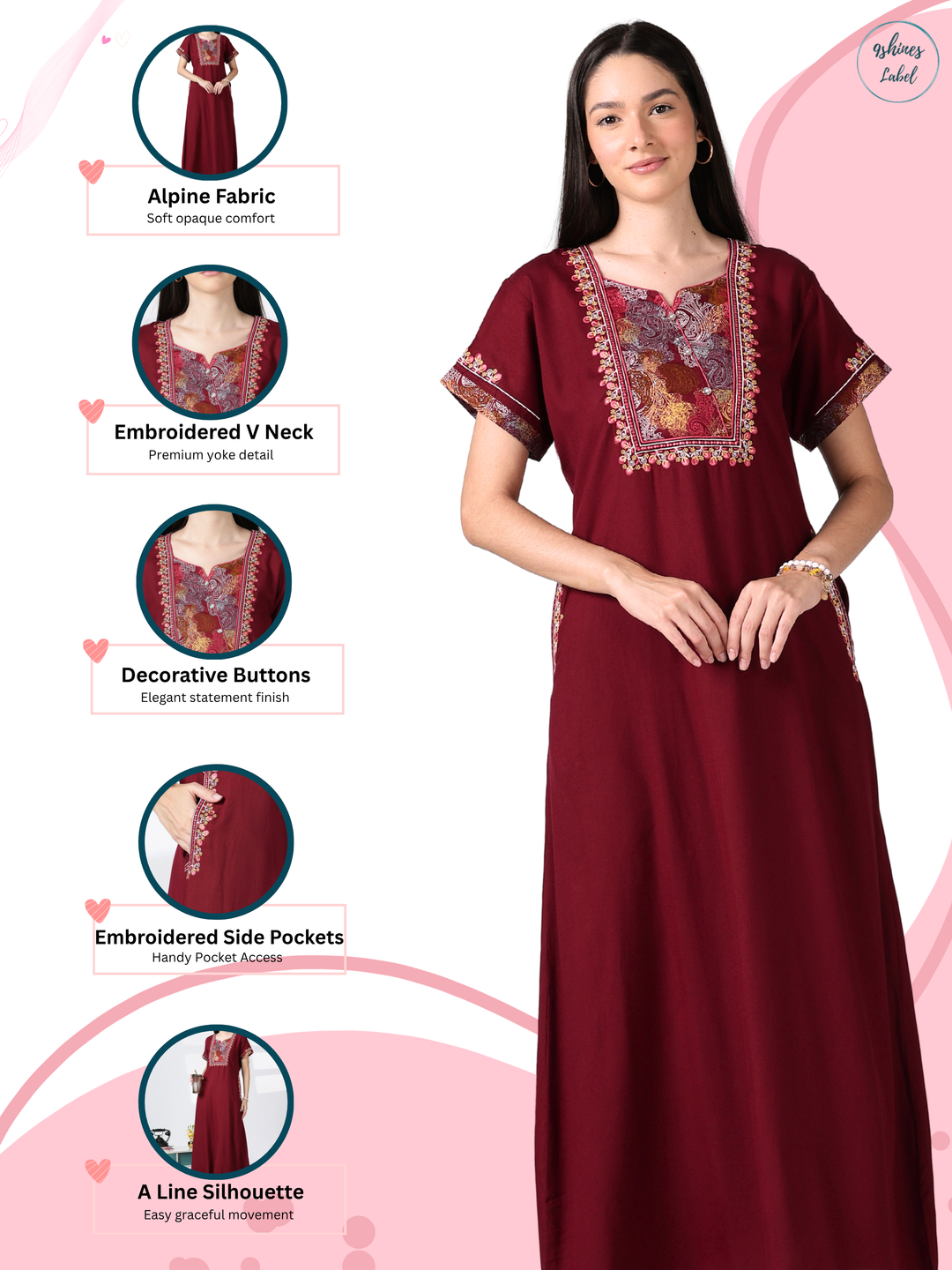 Regal Maroon Alpine Designer Nighty for Women with Embroidered A Line Fit