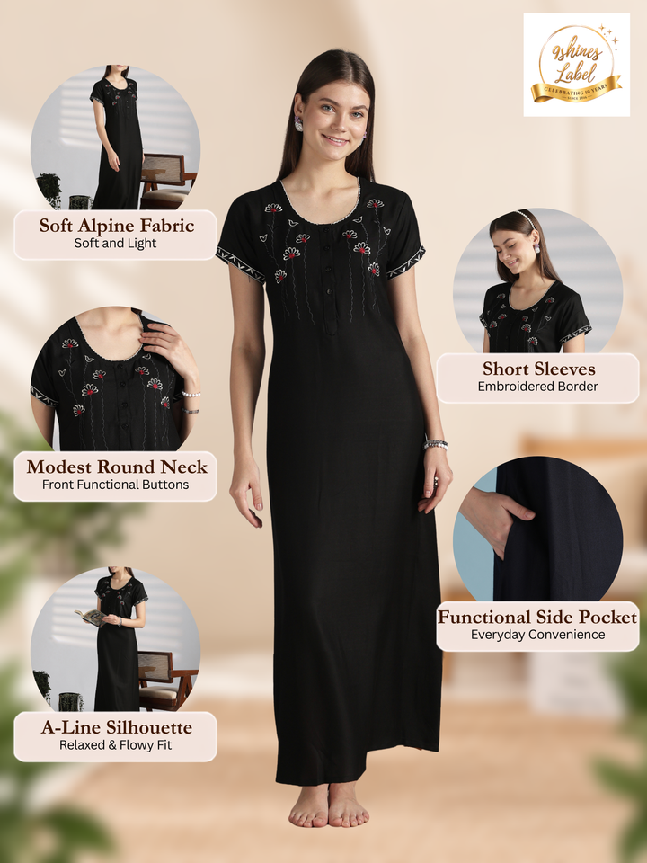 Elegant Alpine Nighty with Front Buttons and Embroidered Neck