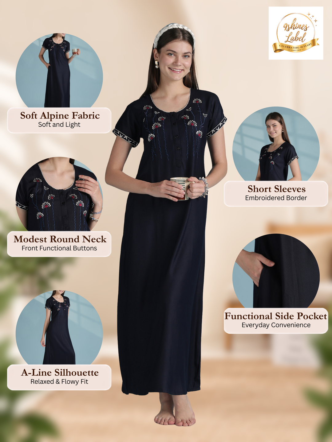 Relaxed Fit Alpine Nighty with Embroidered Sleeves